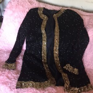 Black Sequin Open Front Jacket with Gold Trim